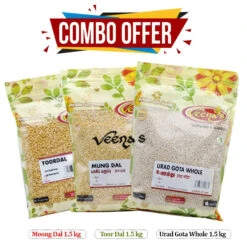 Veena's Dals Combo (Moong Dal 1.5 Kg * 1, Toor Dal 1.5 Kg * 1, Urad Gota Whole 1.5 Kg * 1)