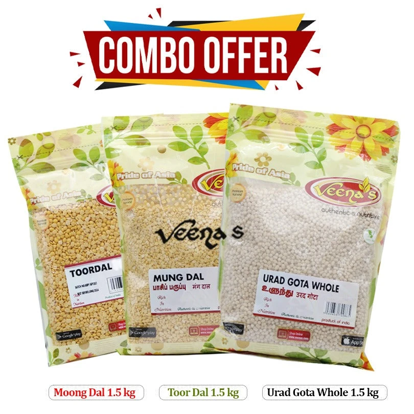 Veena's Dals Combo (Moong Dal 1.5 Kg * 1, Toor Dal 1.5 Kg * 1, Urad Gota Whole 1.5 Kg * 1) 1 Veena's Dals Combo (Moong Dal 1.5 Kg * 1, Toor Dal 1.5 Kg * 1, Urad Gota Whole 1.5 Kg * 1)